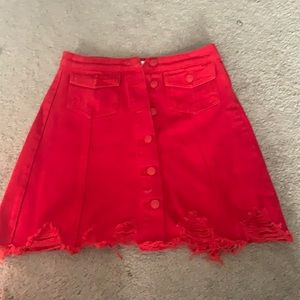 Red Distressed Denim Skirt